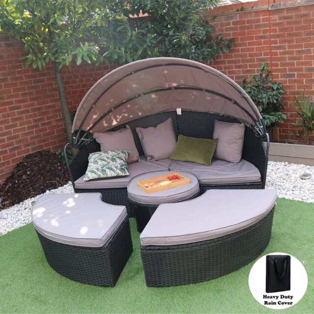Camrose Rattan Garden Furniture Day Bed With Lift Up Table in Black, No Scatter Cushion / With Rain Cover