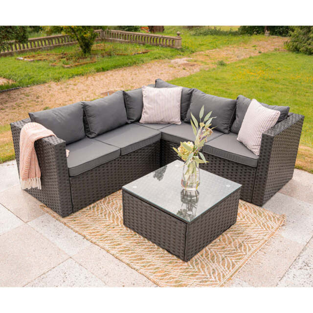 Vancouver 5 Seater Rattan Corner Sofa Patio Set Garden Sofa Set In Black, Without Rain Cover - image 1
