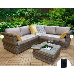 Vancouver Aluminum frame 5 Seater Rattan Garden Furniture Corner Sofa Set With Ice Bucket Coffee Table, Brown / With Rain Cover - thumbnail 1