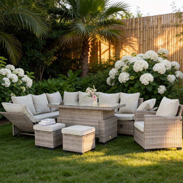 Galle 9 Seater Rattan Garden Furniture Arm Reclining Corner Sofa Set With Rising Table, Without Rain Cover - image 1