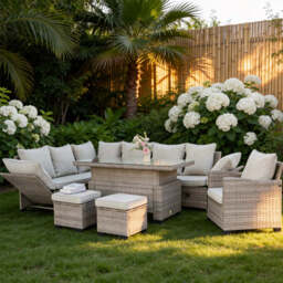 Galle 9 Seater Rattan Garden Furniture Arm Reclining Corner Sofa Set With Rising Table, Without Rain Cover - thumbnail 1