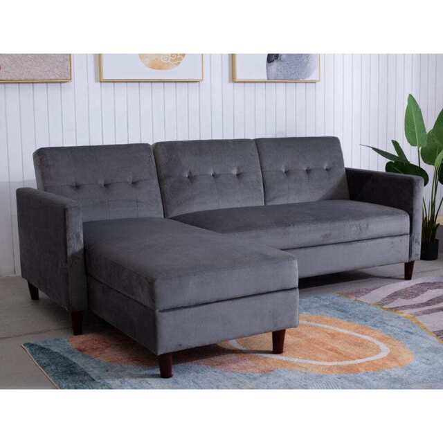 Destin Reversible Grey Velvet Corner Sofa With Storage Chaise and Ottoman Bench, Corner Sofa Set