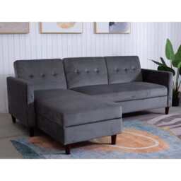 Destin Reversible Grey Velvet Corner Sofa With Storage Chaise and Ottoman Bench, Corner Sofa Set