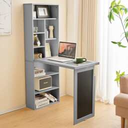 Heritage Foldable Wooden Convertible Office Desk Bookshelf With Blackboard, Grey - thumbnail 1