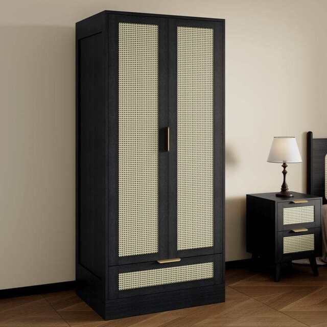Boho 2 Door 1 Drawer Rattan Decorated Wardrobe, Black - image 1