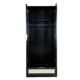 Boho 2 Door 1 Drawer Rattan Decorated Wardrobe, Black - thumbnail 6