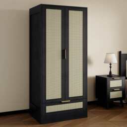 Boho 2 Door 1 Drawer Rattan Decorated Wardrobe, Black - thumbnail 2