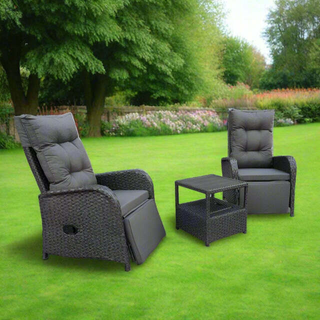 Outdoor Furniture Rattan Recliner Armchairs and ice bucket Table Set, Dark Grey - image 1