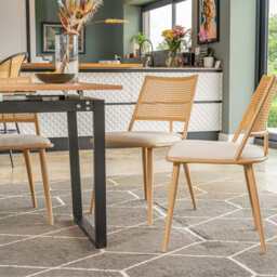 Set of 2 Boho Rattan Dining Chairs With PU Or Boucle Upholstery, Oak - thumbnail 1