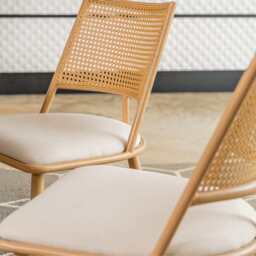 Set of 2 Boho Rattan Dining Chairs With PU Or Boucle Upholstery, Oak - thumbnail 2