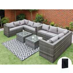 Vancouver 10 Seater Rattan Corner Sofa Patio Set, With Rain Cover / Grey - thumbnail 1