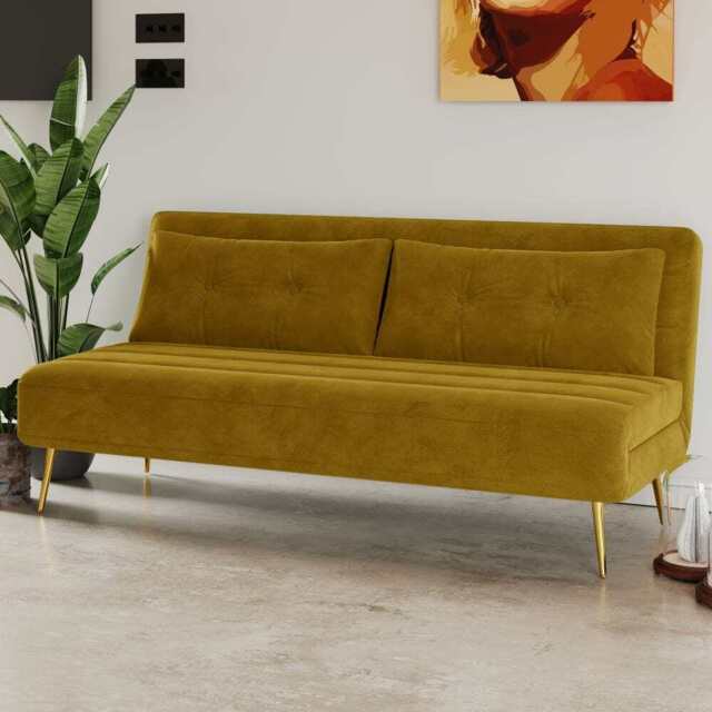 Jola x Large Velvet Foldable 2.5 Seater Sofa Bed with Pillows, Mustard - image 1