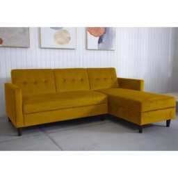 Destin Reversible Mustard Velvet Corner Sofa With Storage Chaise and Ottoman Bench, Corner Sofa Set