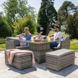 Rosen Rattan Garden Furniture 9 Seater Corner Sofa Rising Table Set With 2 Benches In Grey, Grey / Without Rain Cover
