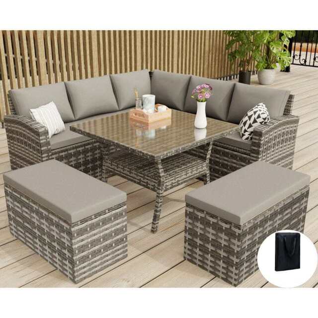 Rosen 9 Seater Rattan Garden Furniture Cube Dining Set With Parasol Option In Grey, Without Parasol / With Rain Cover