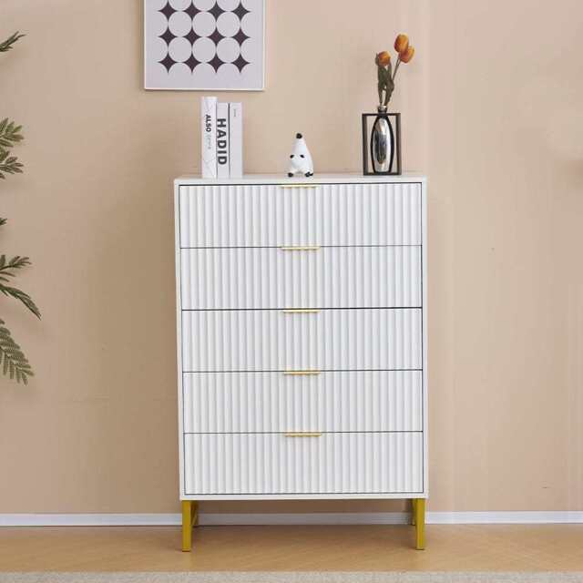 Mercury Ridged 5 Drawers Chest Storage Cabinet, White - image 1