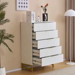 Mercury Ridged 5 Drawers Chest Storage Cabinet, White - thumbnail 5