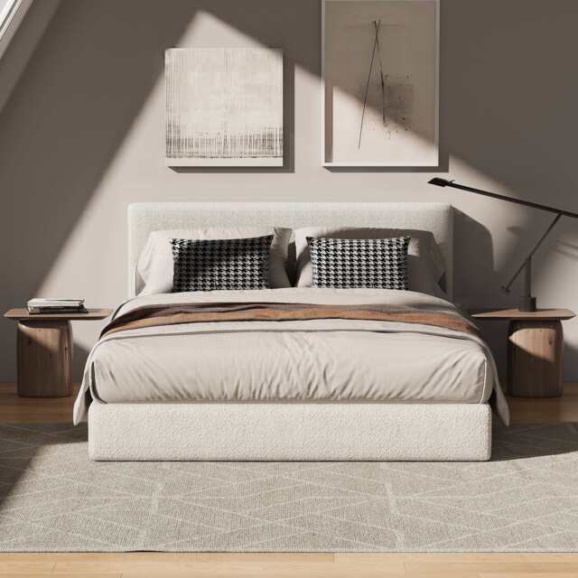 Marshmuff Soft Frame Boucle Bed Frame With Headboard King Bed or Double Bed or Single Bed, Double Size Frame / White