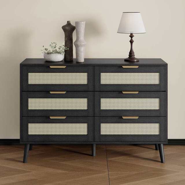 Boho 6 Drawers Chest Rattan Decorated Storage TV Cabinet, Black - image 1
