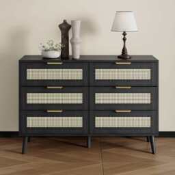 Boho 6 Drawers Chest Rattan Decorated Storage TV Cabinet, Black