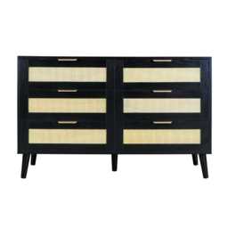 Boho 6 Drawers Chest Rattan Decorated Storage TV Cabinet, Black - thumbnail 3