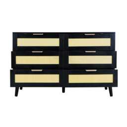 Boho 6 Drawers Chest Rattan Decorated Storage TV Cabinet, Black - thumbnail 6