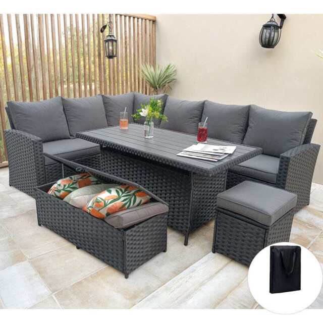 Rosen 9 Seater Rattan Garden Dining Set With Storage Bench And Stool, Black / With Rain Cover - image 1