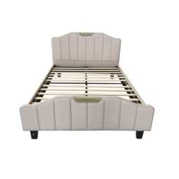 Retro PU Leather Upholstered Bed Frame Double Bed Frame, Cream - thumbnail 2