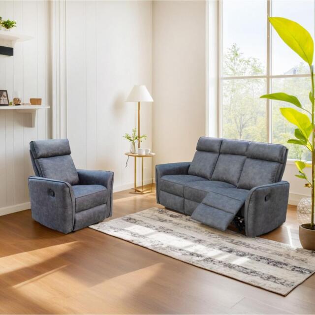 Leathaire Grey Manual Recliner Sofa / Armchair Set - image 1