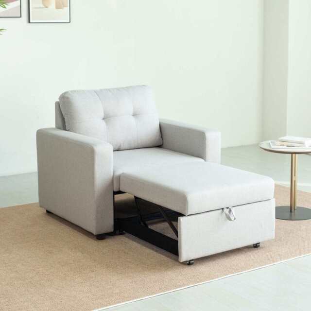 Upholstered Foldable Sofa Bed Pullout Sofa Convertible Sleeper Chair With Arms, Light Grey Linen / Single - image 1