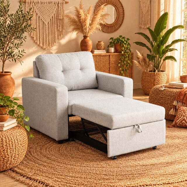 Upholstered Foldable Sofa Bed Pullout Sofa Convertible Sleeper Chair With Arms, Light Grey Linen / Single - image 1