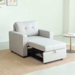 Upholstered Foldable Sofa Bed Pullout Sofa Convertible Sleeper Chair With Arms, Light Grey Linen / Single - thumbnail 1