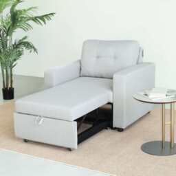 Upholstered Foldable Sofa Bed Pullout Sofa Convertible Sleeper Chair With Arms, Light Grey Linen / Single - thumbnail 2