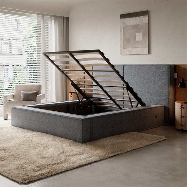 Tessa Grey Boucle Teddy Fleece Pneumatic Bed King Bed Double Bed Frame With USB charger, Double