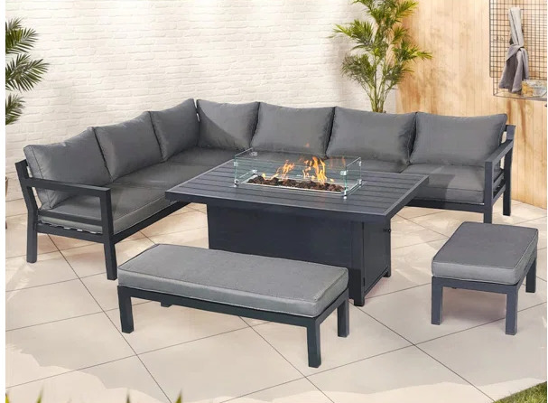 Berlin Large 9 seater Outdoor Fabric and Aluminium Corner Garden Dining Set with Fire Pit Table, Without Rain Cover