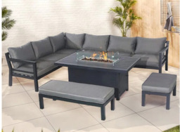 Berlin Large 9 seater Outdoor Fabric and Aluminium Corner Garden Dining Set with Fire Pit Table, Without Rain Cover