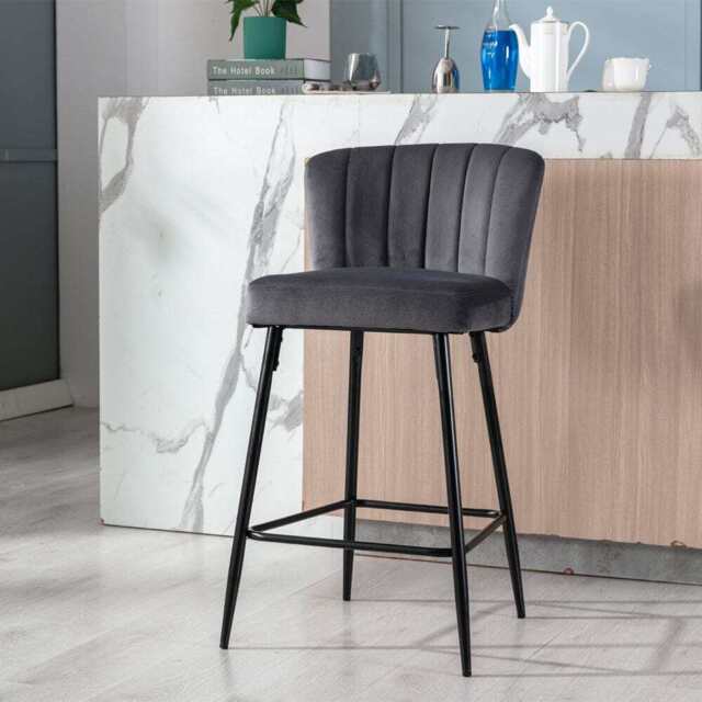 Caiden Padded Bar Stool, Grey Velvet