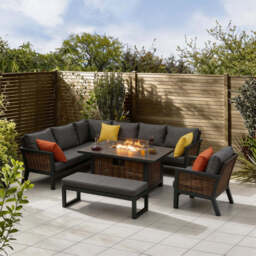 Berlin 9 Seater Aluminium Outdoor Corner Sofa Set with Fire Pit Table and Bench