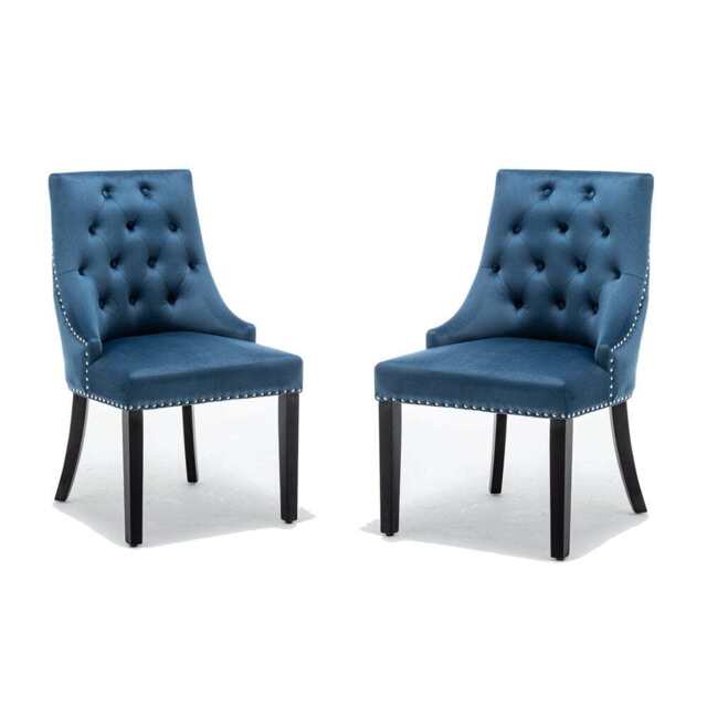 Avers Blue Velvet Button Back Dining Chairs Rubber Leg, 2 Chairs