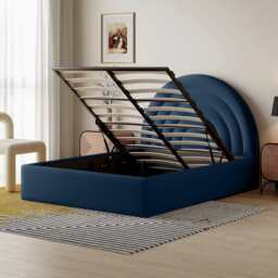 Crescent Ottoman Upholstered Lift Up Storage Bed Frame, King / Navy Blue Velvet