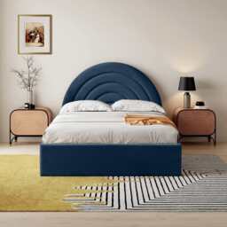 Crescent Ottoman Upholstered Lift Up Storage Bed Frame, King / Navy Blue Velvet - thumbnail 2