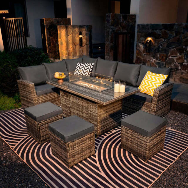 Rosen 9 Seater Fire Pit Rattan Garden Furniture Corner Dining Sofa Set, Without Rain Cover