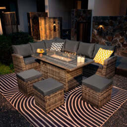 Rosen 9 Seater Fire Pit Rattan Garden Furniture Corner Dining Sofa Set, Without Rain Cover