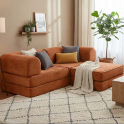 Hugspacee Velvet Corduroy Compressed Daybed lounge Sofa with Ottoman, Orange - thumbnail 1