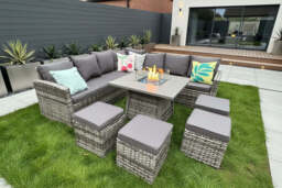 Rosen 11 Seater Rattan Garden Furniture Corner Dining Sofa Set With Fire Pit Table In Grey, Without Rain Cover