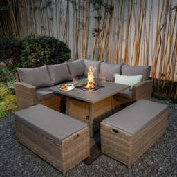 Rosen 9‑Seater Natural Rattan Corner Sofa Fire Pit Dining Set with Storage Benches & Rain Cover, With Rain Cover - thumbnail 2