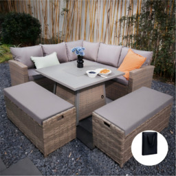 Rosen 9‑Seater Natural Rattan Corner Sofa Fire Pit Dining Set with Storage Benches & Rain Cover, With Rain Cover - thumbnail 8