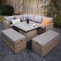 Rosen 9‑Seater Natural Rattan Corner Sofa Fire Pit Dining Set with Storage Benches & Rain Cover, With Rain Cover - thumbnail 3