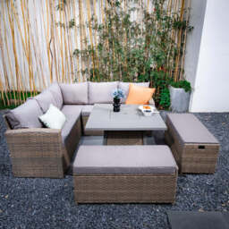 Rosen 9‑Seater Natural Rattan Corner Sofa Fire Pit Dining Set with Storage Benches & Rain Cover, With Rain Cover - thumbnail 4