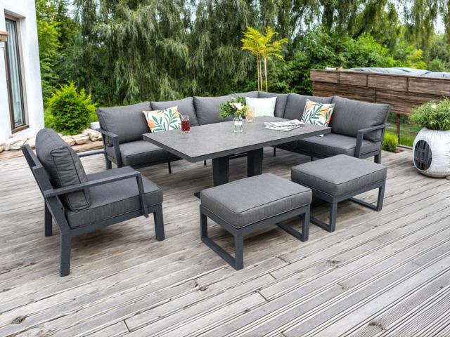 Berlin Outdoor Garden Aluminium 9 Seater Corner Sofa Rising Table Set with Armchair and Stool, With Rain Cover - image 1